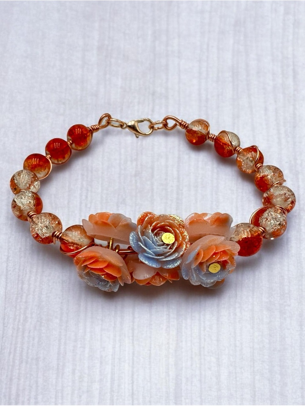Orange Crystal Beaded Rose Flower Bracelet Copper Wire Handmade Jewelry